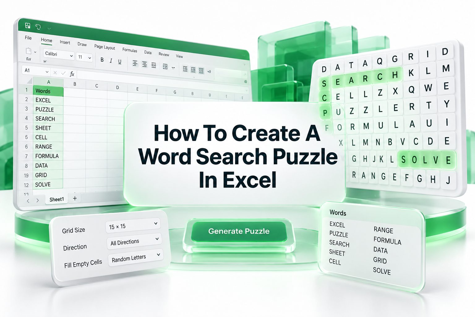Excel worksheet displaying a word search puzzle grid with highlighted hidden words.